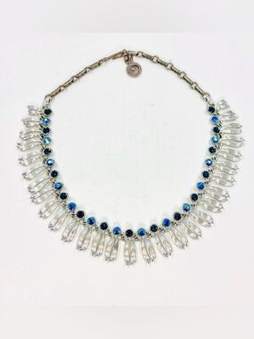 LISNER Vintage Silver Tone Fringe Necklace W/Blue AB Rhinestones 14-17”